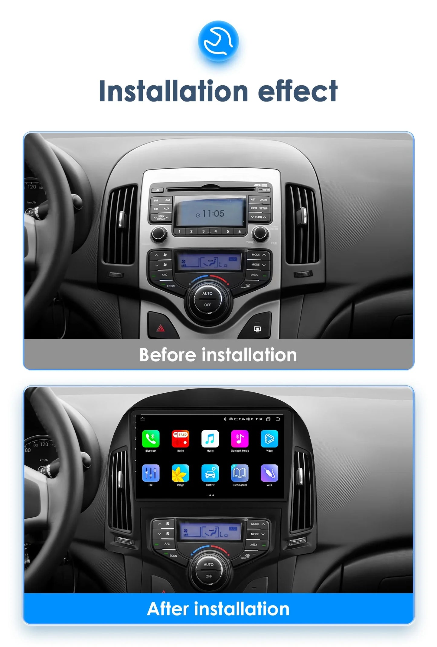 Android 13 Wireless Carplay for Hyundai I30 MT AT 2006 - 2011 9" Car Multimedia Player GPS Navi BT DSP 4G 2 Din Autoradio Stereo