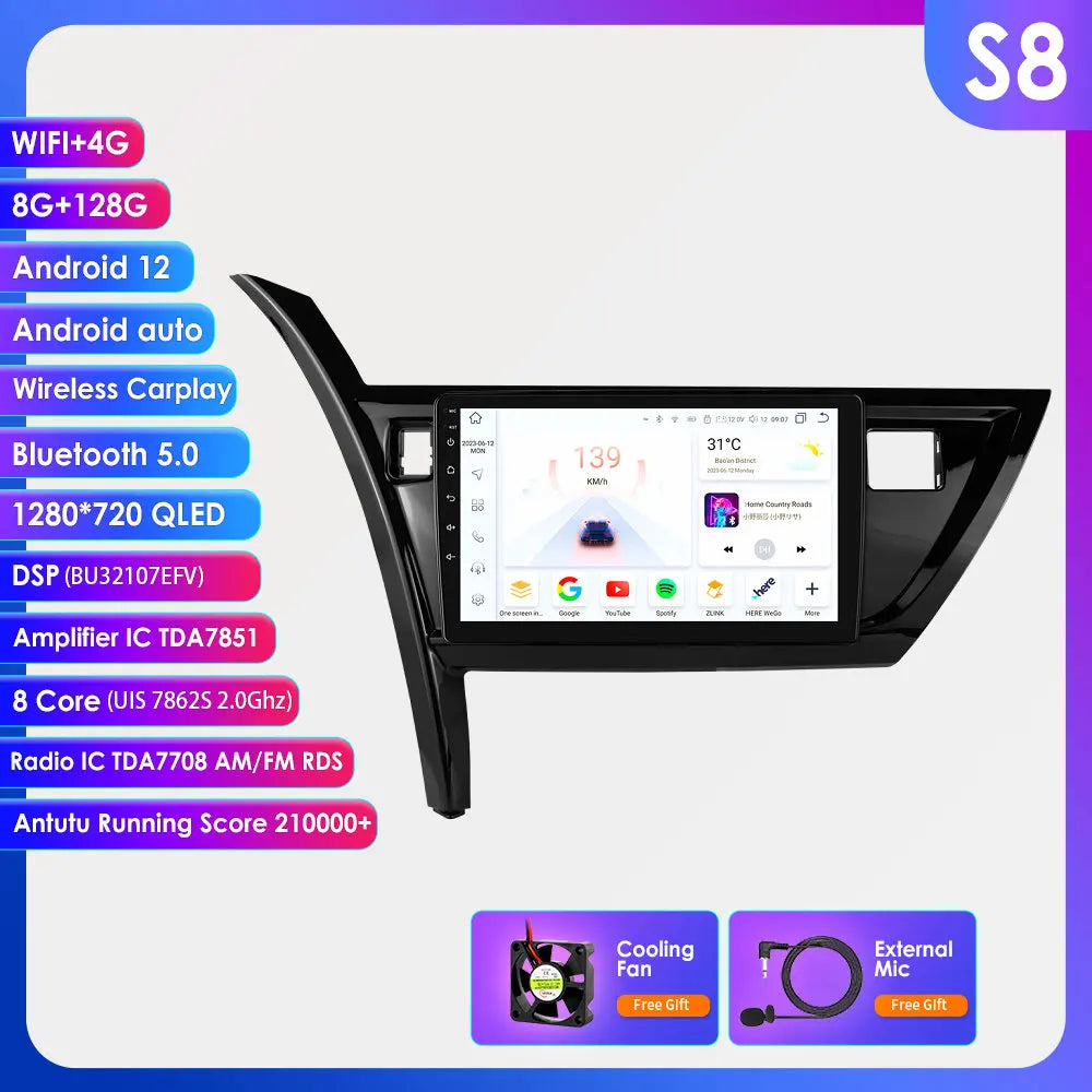 10.1" Android 14 Radio Car Multimedia 2 Din Wireless Carplay Android Auto for Toyota Corolla Auris 2013-2016 (Left Hand Driving)