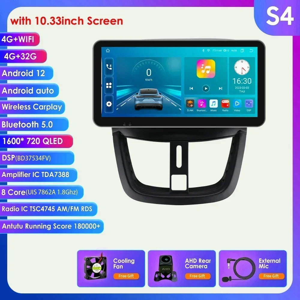 10.33" 8G+128G for Peugeot 207 207CC 2006 -2015 Android 13 2 Din Car Radio Multimedia Player Navigation Autoradio CarPlay Stereo