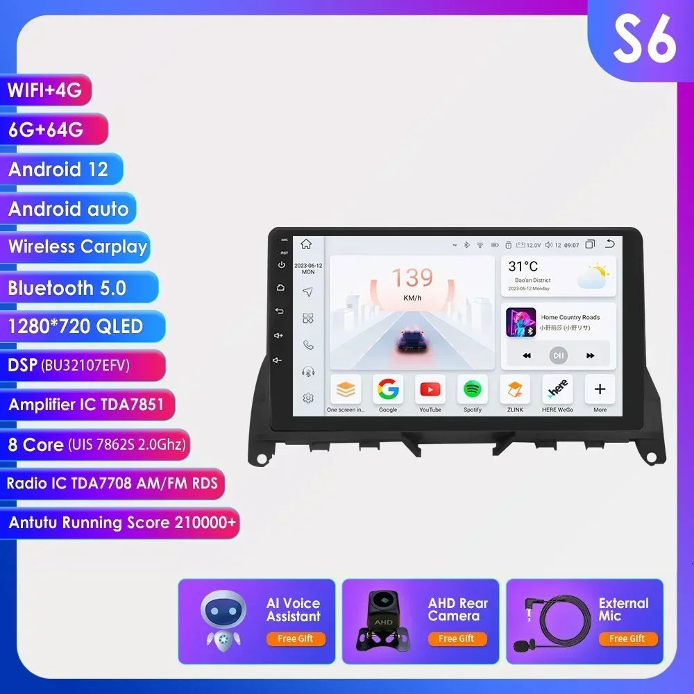 For Mercedes Benz C-Class W204 S204 2007-2010 Android 13 2 Din 9" Car Radio Multimedia Player AutoStereo AI Voice RDS DSP BT SWC