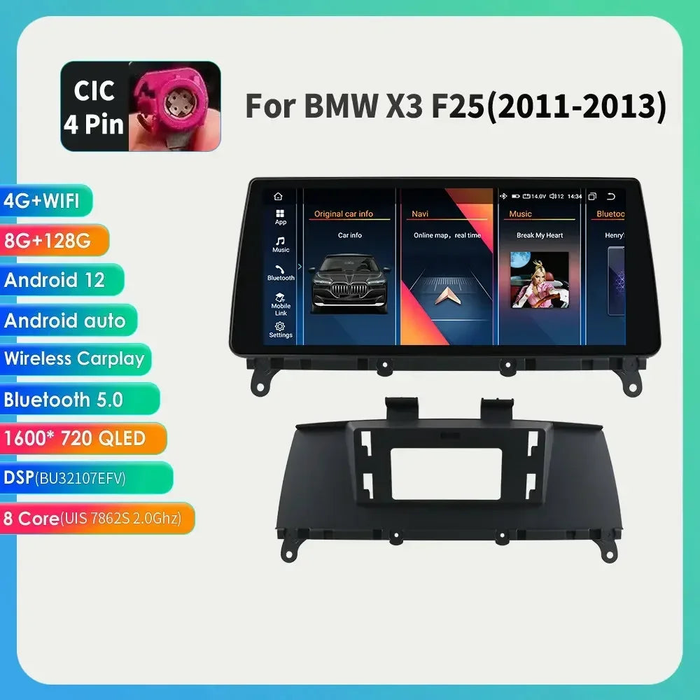 10.25" Wireless Carplay Android Car Radio Multimedia Player for BMW X3 F25 2011-2016 X4 F26 CIC NBT 2din GPS DSP BT Navi 4G QLED