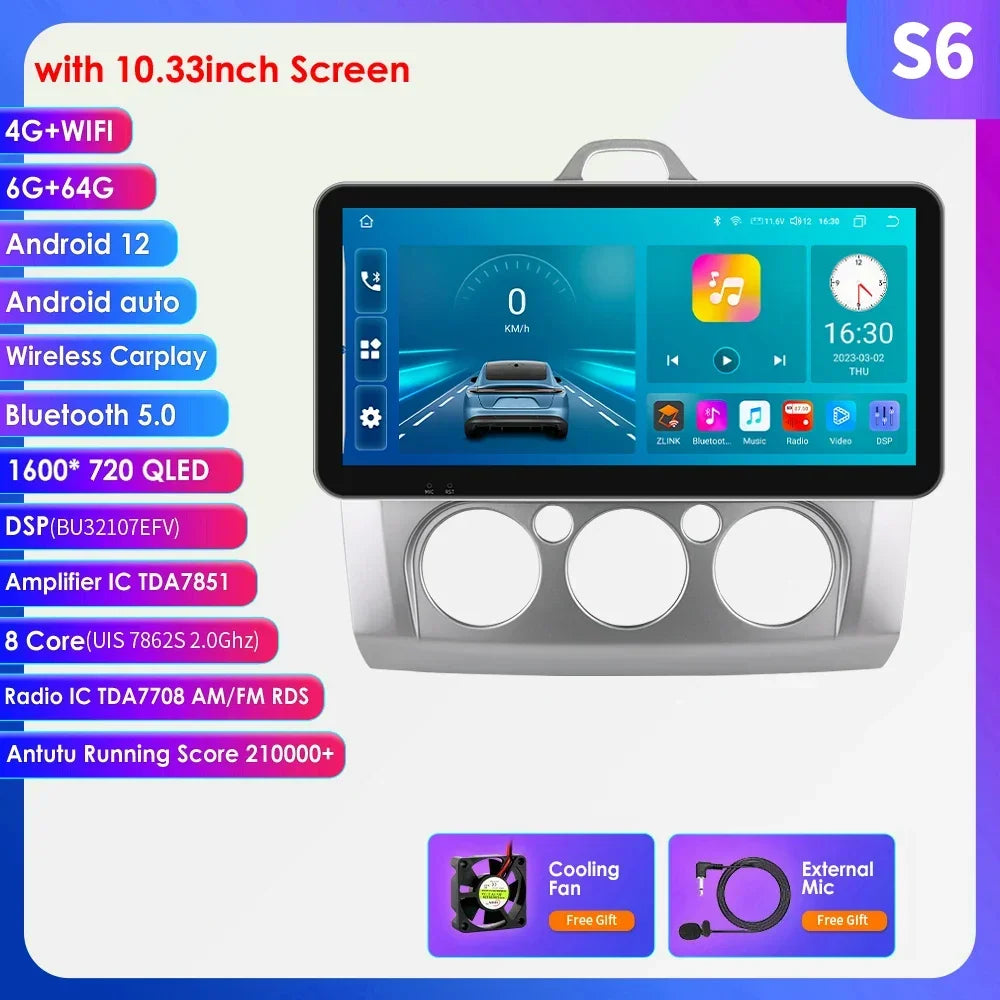 10.33" Wireless Carplay Android Auto for Ford Focus Mk2 2004-2011 Multimedia Player 2 Din Car Radio GPS Navigation BT RDS DSP 4G