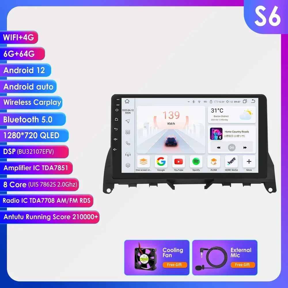For Mercedes Benz C-Class W204 S204 2007-2010 Android 13 2 Din 9" Car Radio Multimedia Player AutoStereo AI Voice RDS DSP BT SWC