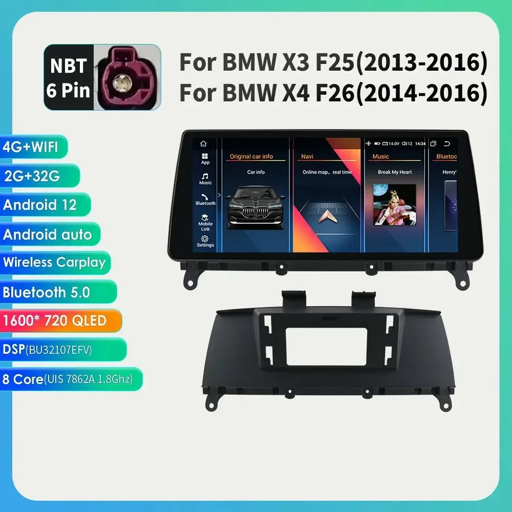 10.25" Wireless Carplay Android Car Radio Multimedia Player for BMW X3 F25 2011-2016 X4 F26 CIC NBT 2din GPS DSP BT Navi 4G QLED