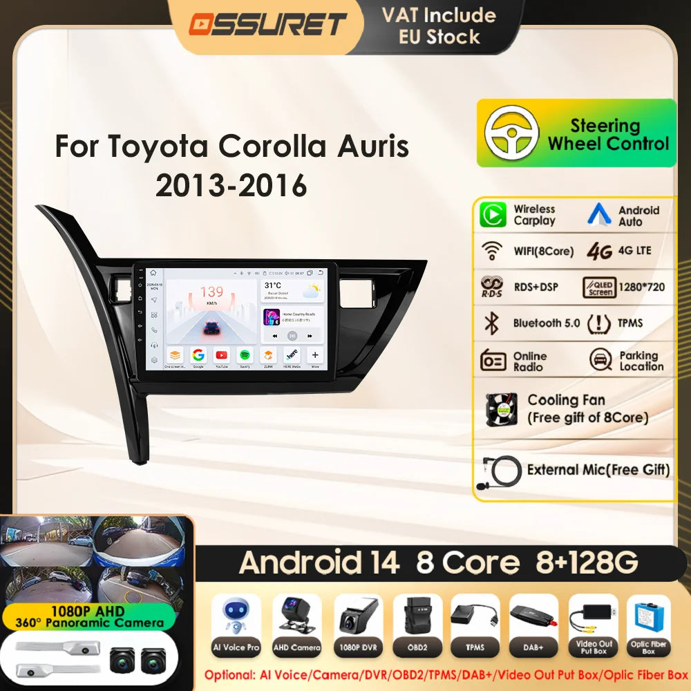 10.1" Android 14 Radio Car Multimedia 2 Din Wireless Carplay Android Auto for Toyota Corolla Auris 2013-2016 (Left Hand Driving)
