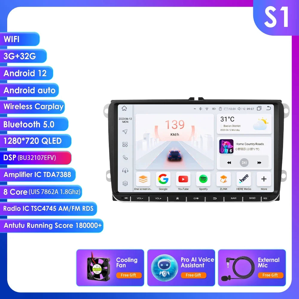 9" Radio 2din Android 14 Auto Carplay Car Multimedia Player for VW Volkswagen Golf Polo Tiguan Passat B7 B6 SEAT Leon 4G RDS BT