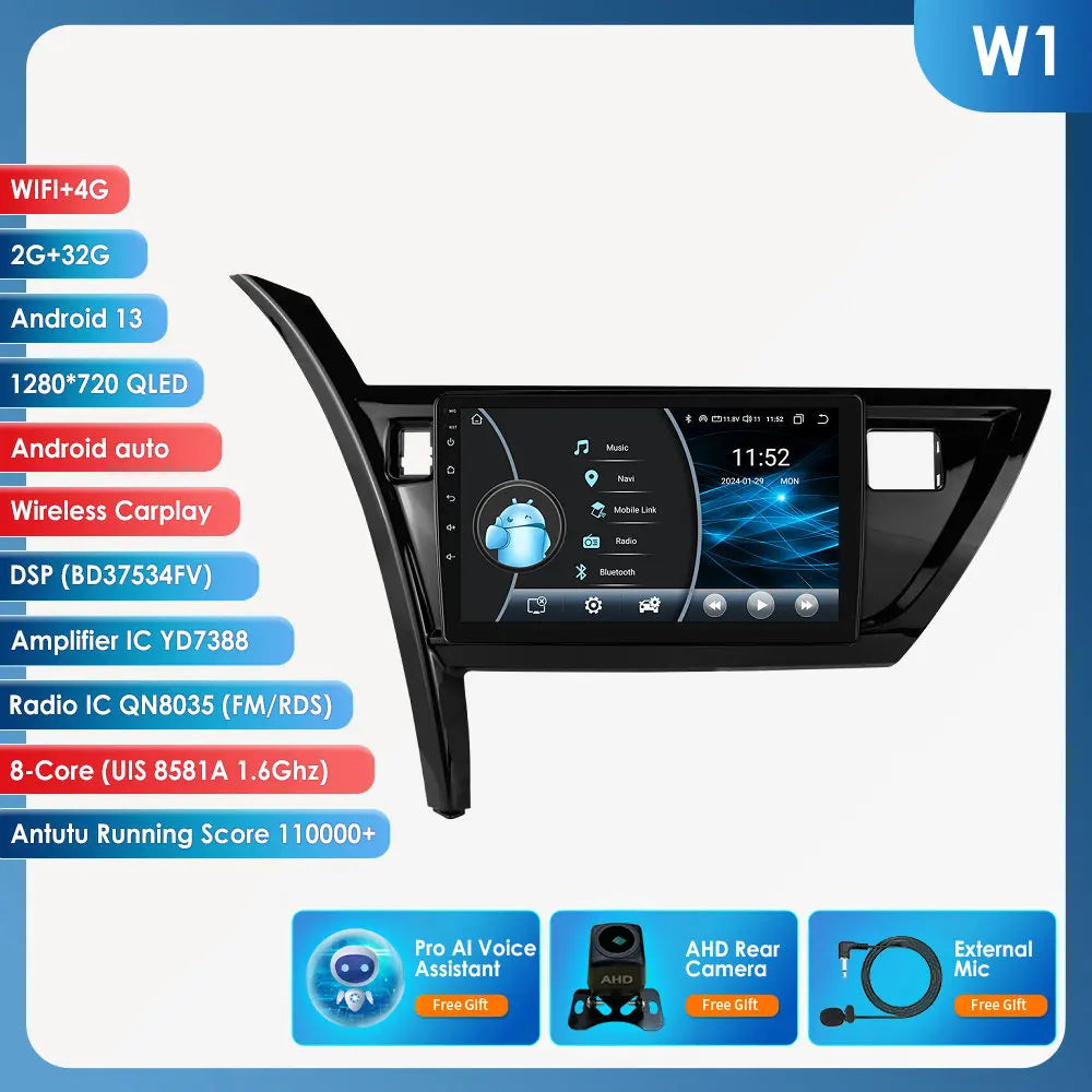 10.1" Android 14 Radio Car Multimedia 2 Din Wireless Carplay Android Auto for Toyota Corolla Auris 2013-2016 (Left Hand Driving)