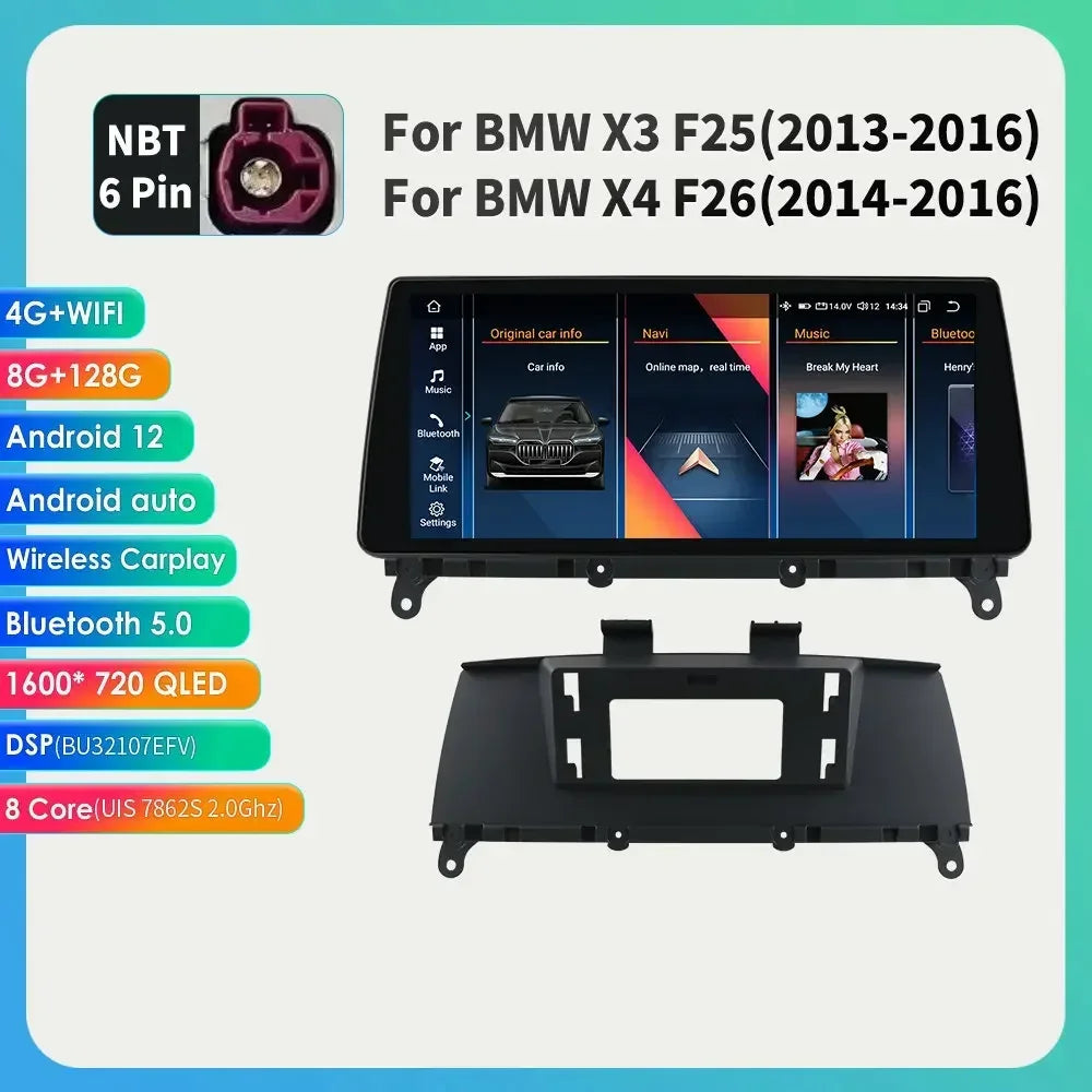 10.25" Wireless Carplay Android Car Radio Multimedia Player for BMW X3 F25 2011-2016 X4 F26 CIC NBT 2din GPS DSP BT Navi 4G QLED
