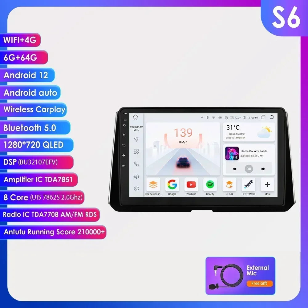 Wireless Carplay for Toyota Corolla 12 2018-2021 Android Autoradio 2 Din Car Radio Multimedia Player BT Navigation GPS Stereo 4G