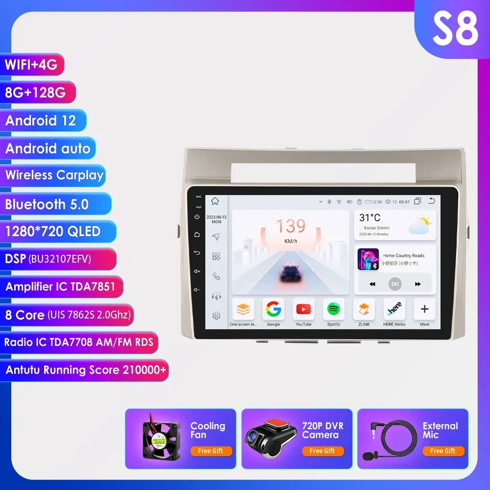 Wireless Carplay Android Auto Car Multimedia Player 9'' Touch Screen for Toyota Corolla Verso AR10 2004 2005 2006 2007 2008 2009