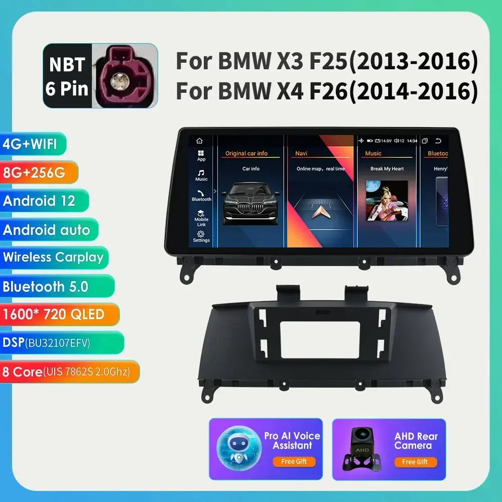 10.25" Wireless Carplay Android Car Radio Multimedia Player for BMW X3 F25 2011-2016 X4 F26 CIC NBT 2din GPS DSP BT Navi 4G QLED