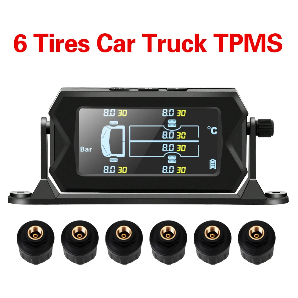 Solar Car RV Truck TPMS Tire Pressure Monitoring System With 4/6 External Sensors Wireless 180° Adjustable Bracket Waterproof