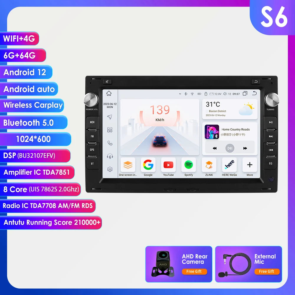7 Inch Wireless Carplay Android Auto Android 14 Radio Car Multimedia for VW Golf 4 Passat POLO Transport T5 Multivan Seat Jetta
