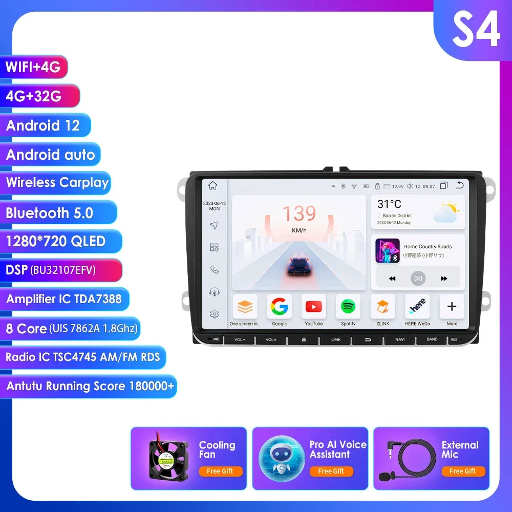 9" Radio 2din Android 14 Auto Carplay Car Multimedia Player for VW Volkswagen Golf Polo Tiguan Passat B7 B6 SEAT Leon 4G RDS BT