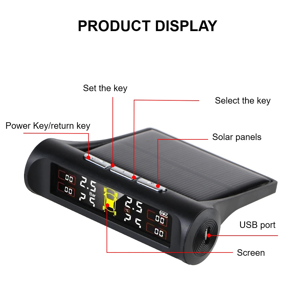 Solar Car RV Truck TPMS Tire Pressure Monitoring System With 4/6 External Sensors Wireless 180° Adjustable Bracket Waterproof