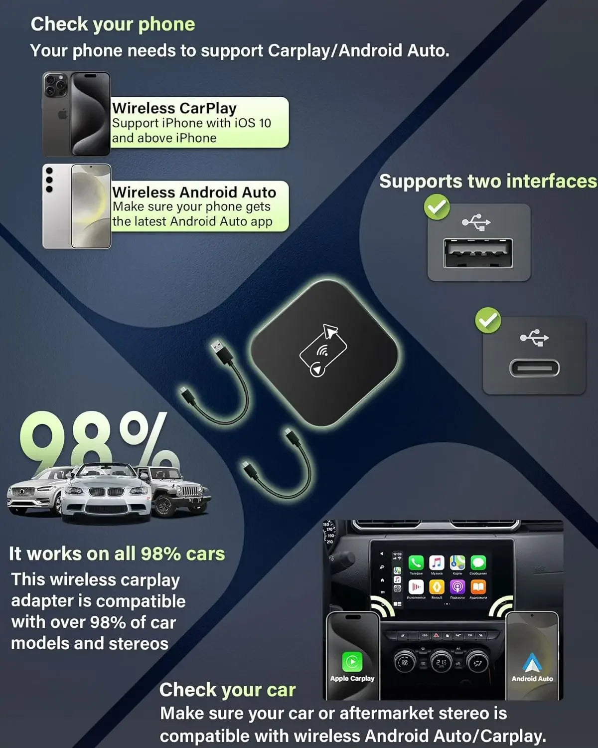 Mini Box Wired to Wireless CarPlay and Android Auto Wireless Adapter Spotify For Toyota Mazda Nissan Camry Audi Ford Kia Hyundai