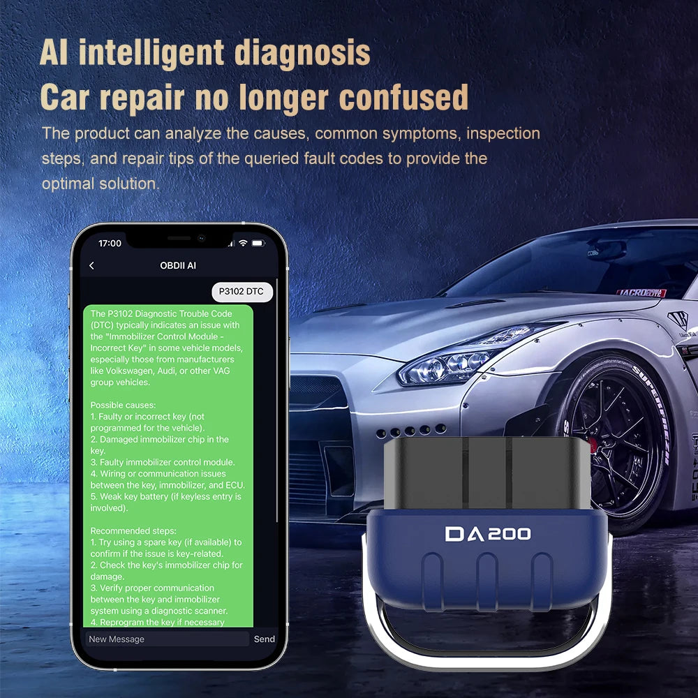For DA200 OBD II Auto Fault Diagnosis Mode 6/8 Code Read Erase Bluetooth 4.0/5.4 OBD2 Scanner Free APP 25K80 Chip Battery Tester