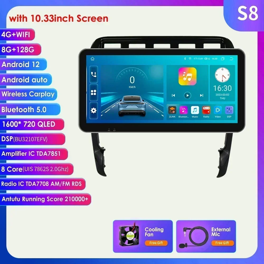 10.33" Wireless Carplay Android 13 Car Multimedia Player for Porsche Cayenne 1 2002-2010 2din Navigation GPS RDS Headunit Stereo