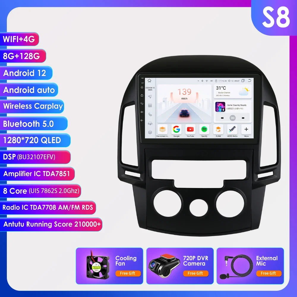 Android 13 Wireless Carplay for Hyundai I30 MT AT 2006 - 2011 9" Car Multimedia Player GPS Navi BT DSP 4G 2 Din Autoradio Stereo
