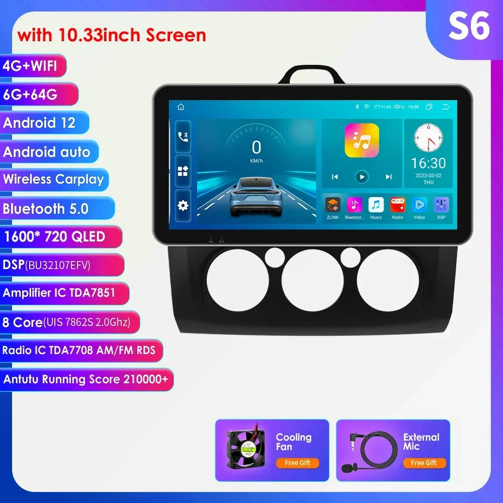 10.33" Wireless Carplay Android Auto for Ford Focus Mk2 2004-2011 Multimedia Player 2 Din Car Radio GPS Navigation BT RDS DSP 4G