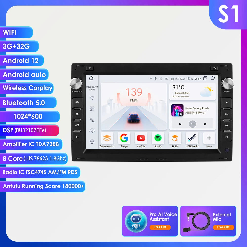 7 Inch Wireless Carplay Android Auto Android 14 Radio Car Multimedia for VW Golf 4 Passat POLO Transport T5 Multivan Seat Jetta