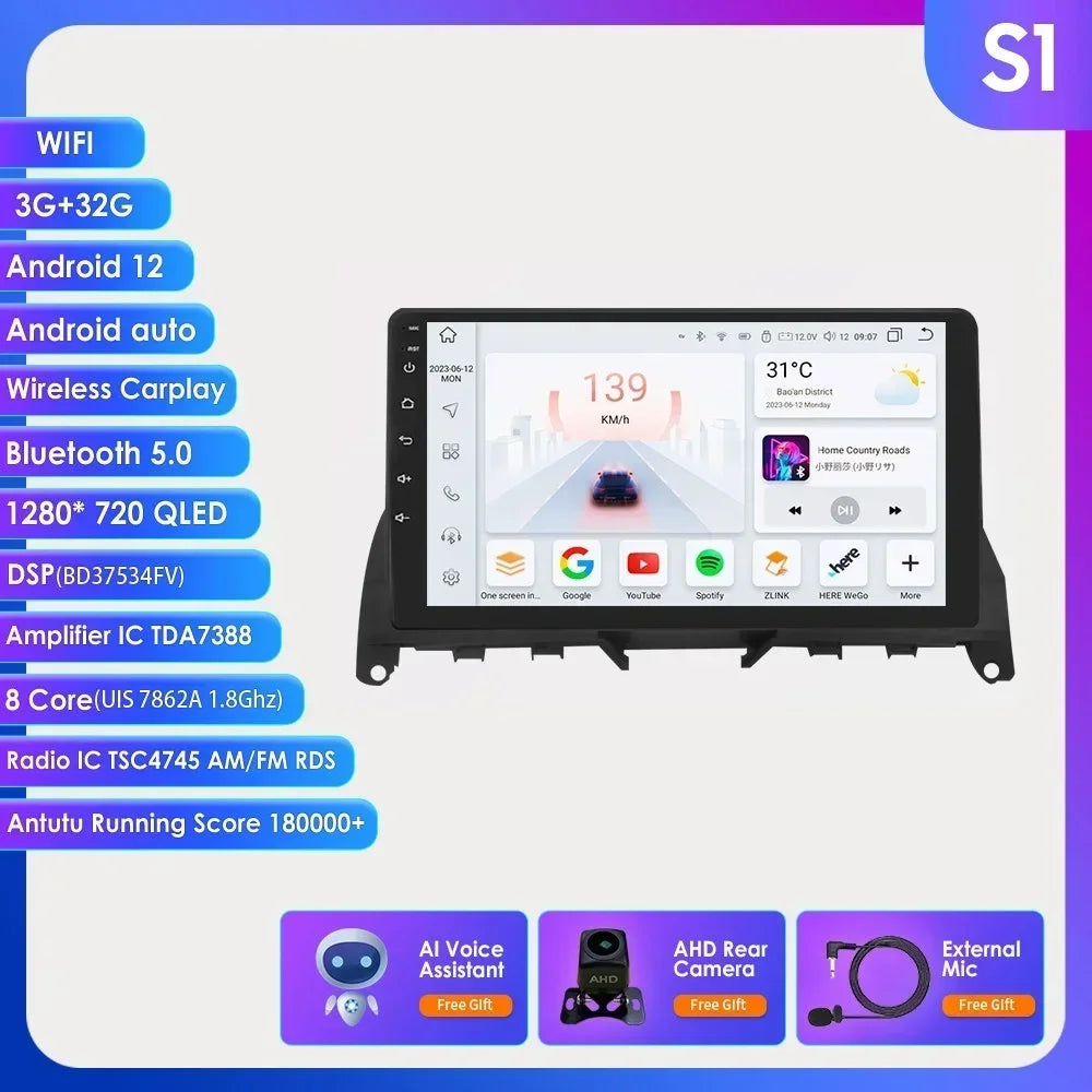 For Mercedes Benz C-Class W204 S204 2007-2010 Android 13 2 Din 9" Car Radio Multimedia Player AutoStereo AI Voice RDS DSP BT SWC