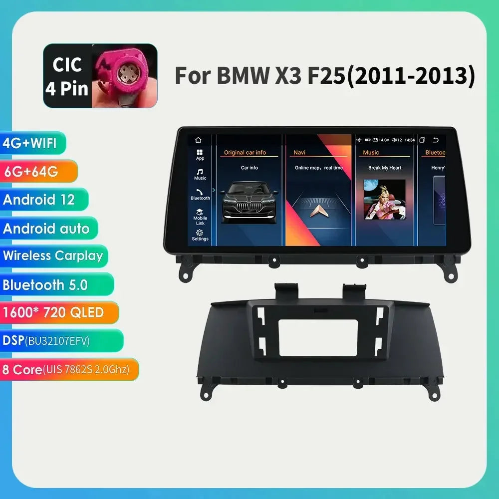 10.25" Wireless Carplay Android Car Radio Multimedia Player for BMW X3 F25 2011-2016 X4 F26 CIC NBT 2din GPS DSP BT Navi 4G QLED
