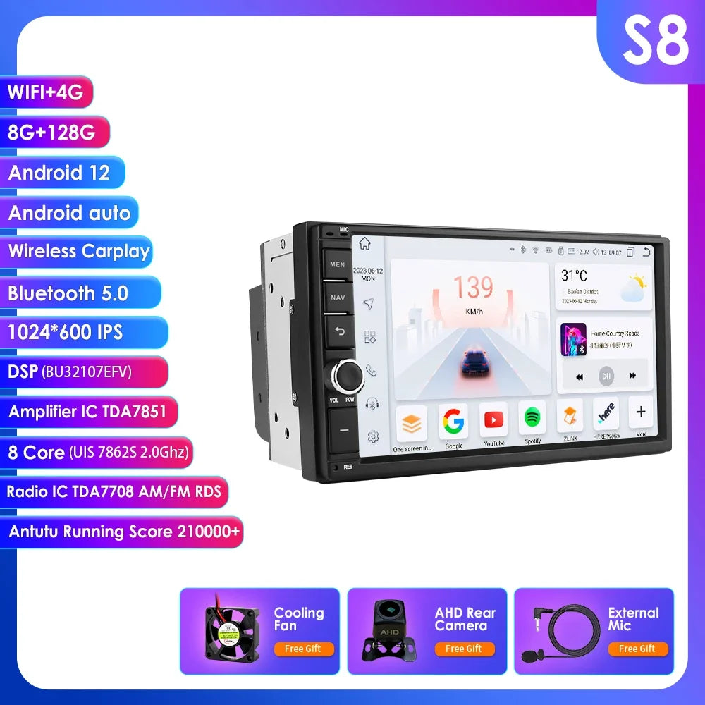 OSSURET Universal Android 14 4G 64G 7'' 2 Din Car Multimedia Player with BT GPS DSP for Toyota Verso Nissan Qashqai Hyundai I 10