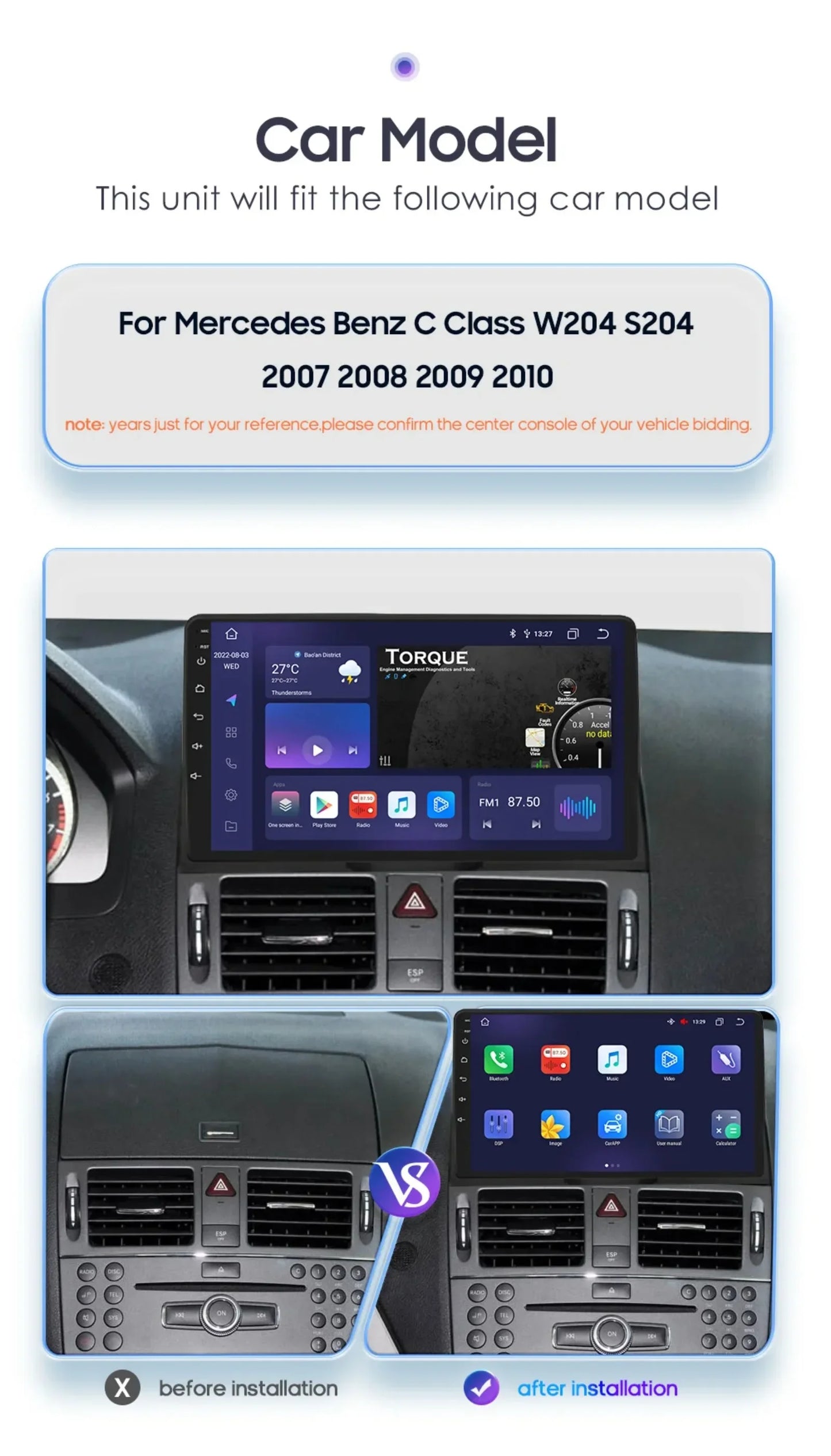 For Mercedes Benz C-Class W204 S204 2007-2010 Android 13 2 Din 9" Car Radio Multimedia Player AutoStereo AI Voice RDS DSP BT SWC