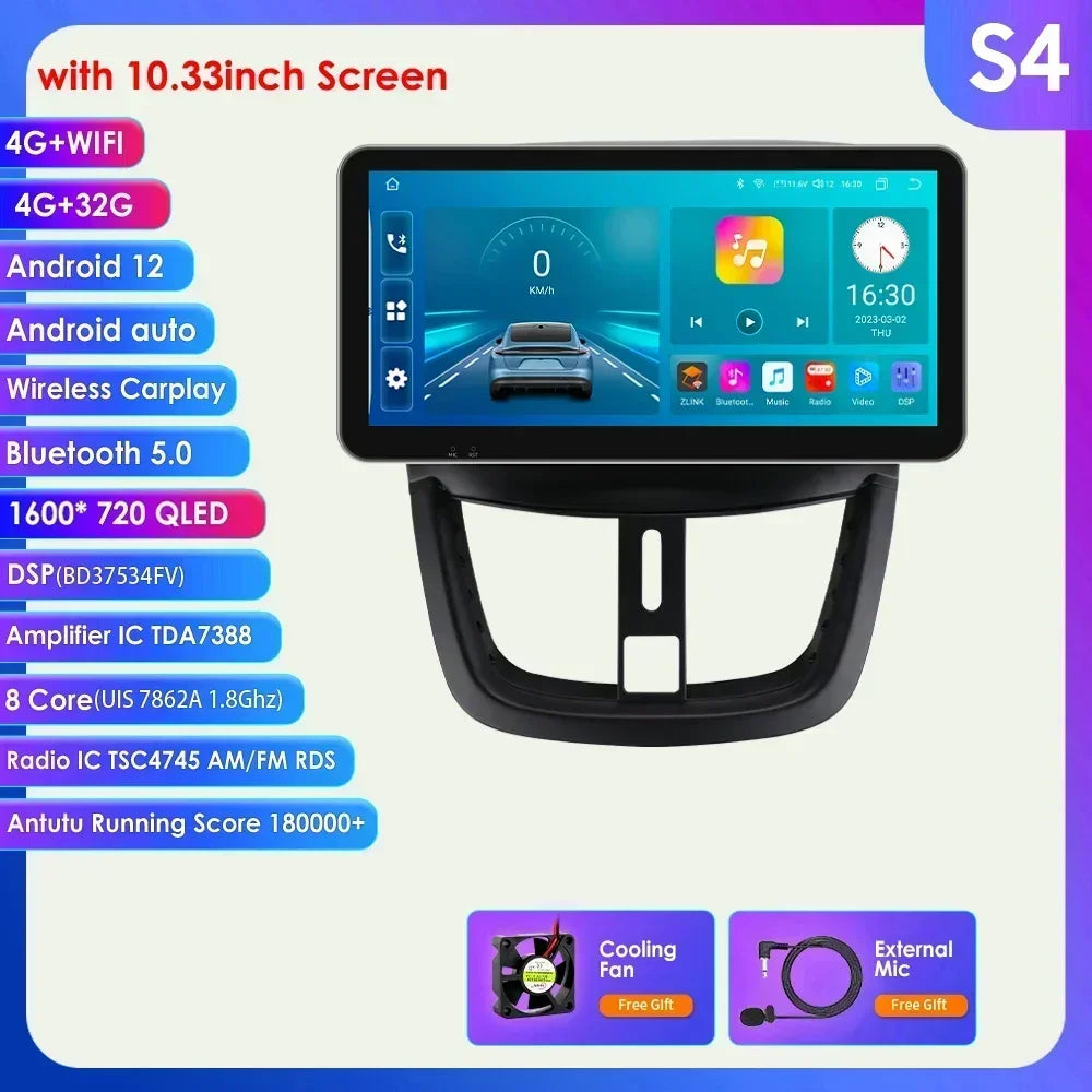 10.33" 8G+128G for Peugeot 207 207CC 2006 -2015 Android 13 2 Din Car Radio Multimedia Player Navigation Autoradio CarPlay Stereo