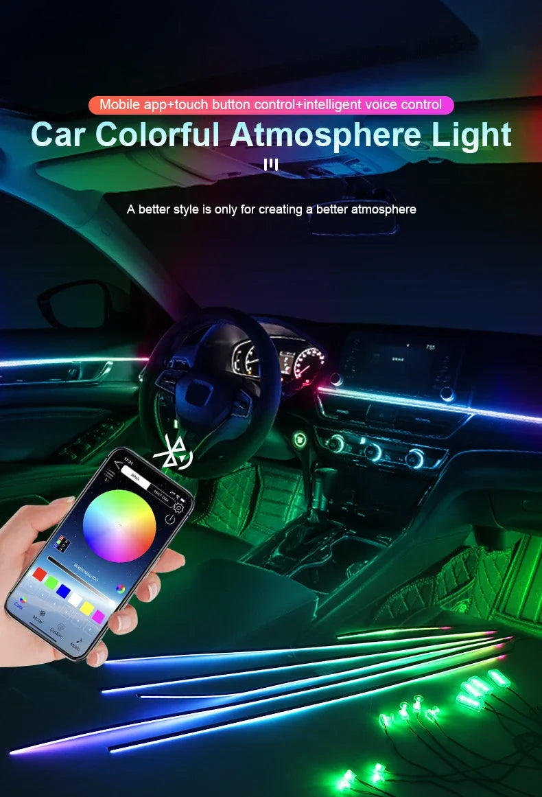 18 in 1 Led Car Ambient Lights Symphony Bluetooth App RGB 213 Color Streamer Rainbow Acrylic Strip Interior Atmosphere Lamp 12V