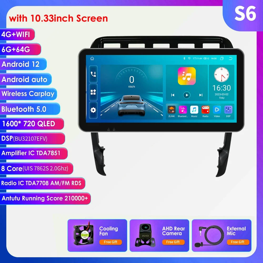 10.33" Wireless Carplay Android 13 Car Multimedia Player for Porsche Cayenne 1 2002-2010 2din Navigation GPS RDS Headunit Stereo