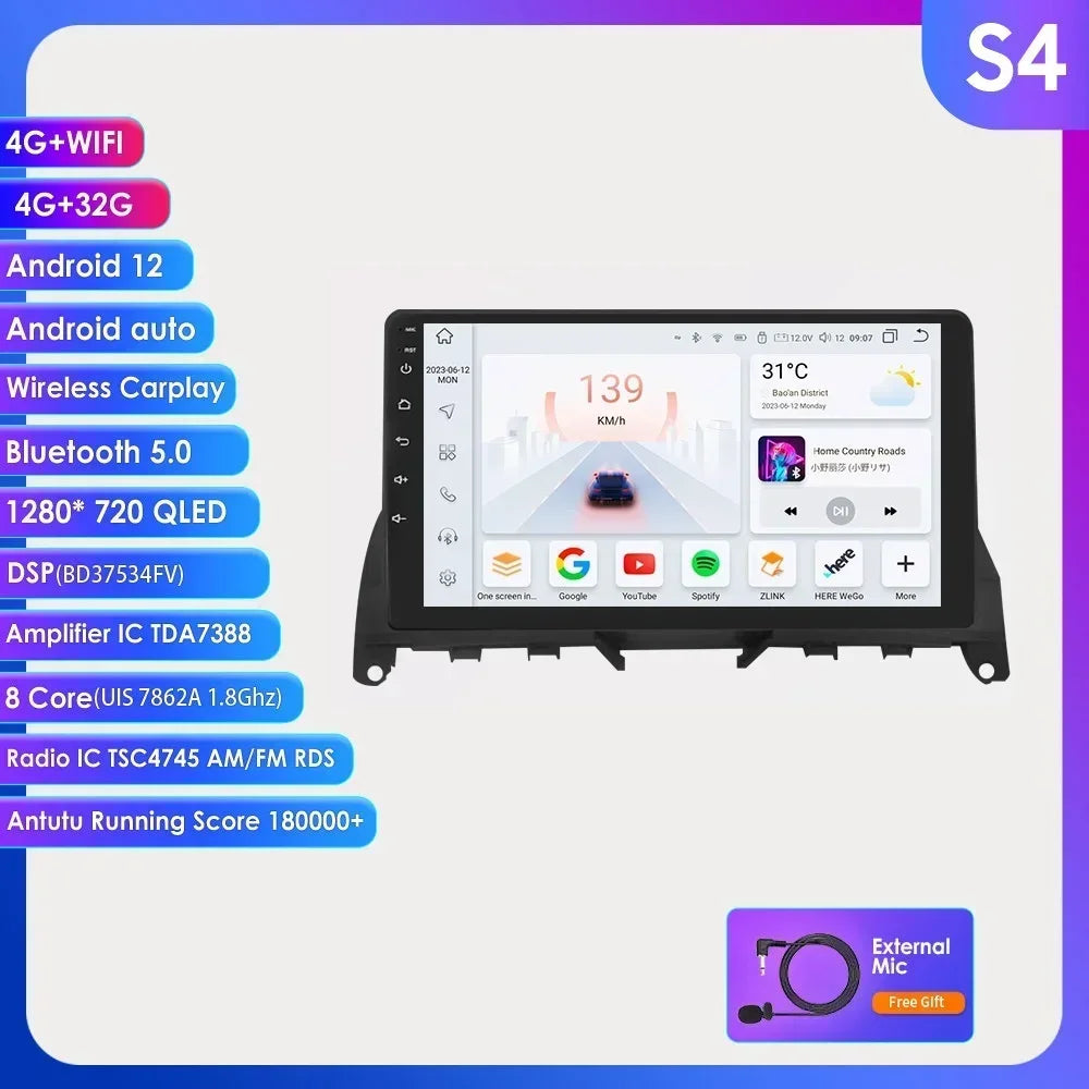 For Mercedes Benz C-Class W204 S204 2007-2010 Android 13 2 Din 9" Car Radio Multimedia Player AutoStereo AI Voice RDS DSP BT SWC