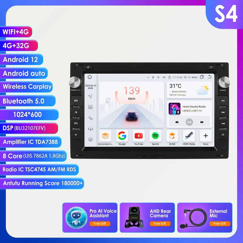 7 Inch Wireless Carplay Android Auto Android 14 Radio Car Multimedia for VW Golf 4 Passat POLO Transport T5 Multivan Seat Jetta