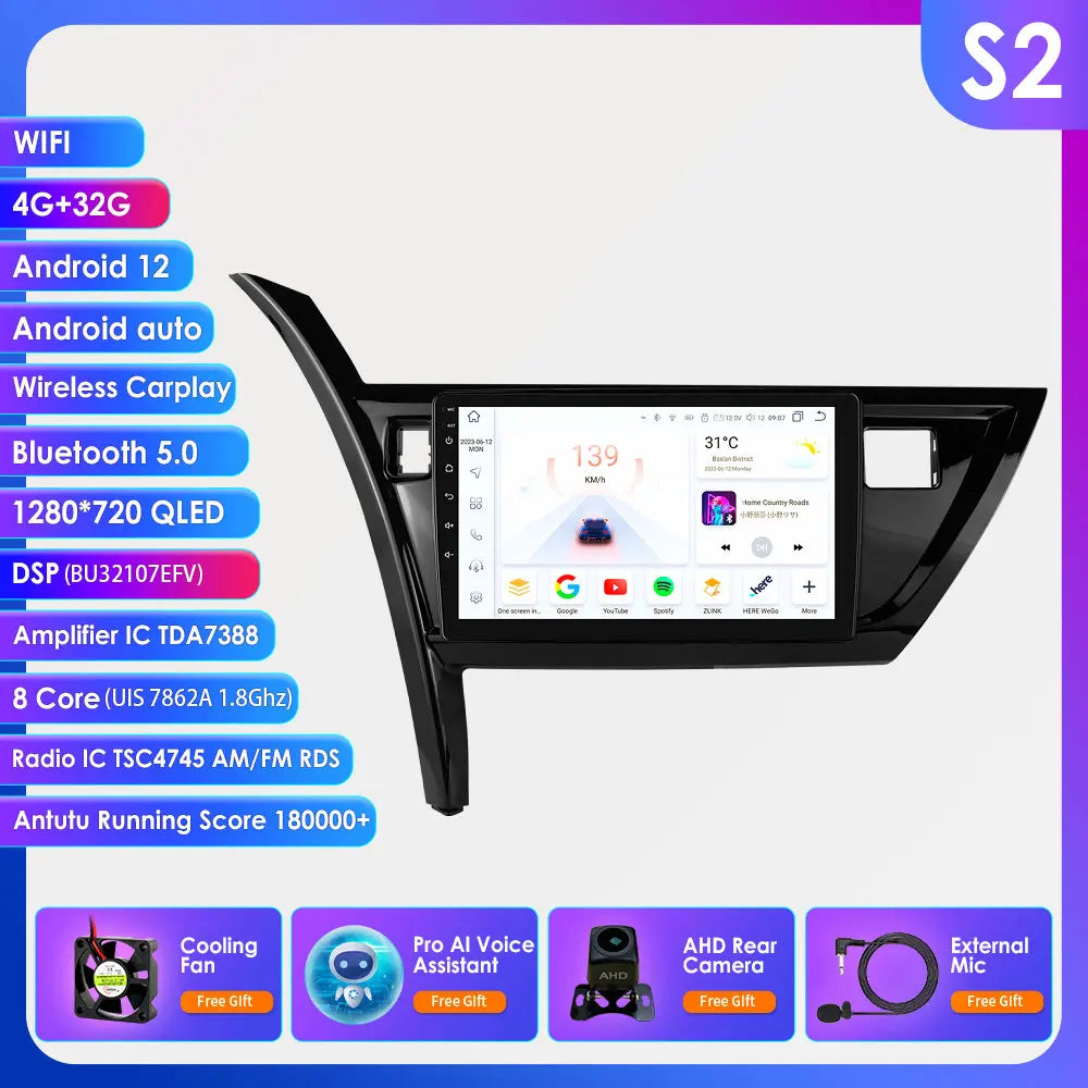 10.1" Android 14 Radio Car Multimedia 2 Din Wireless Carplay Android Auto for Toyota Corolla Auris 2013-2016 (Left Hand Driving)