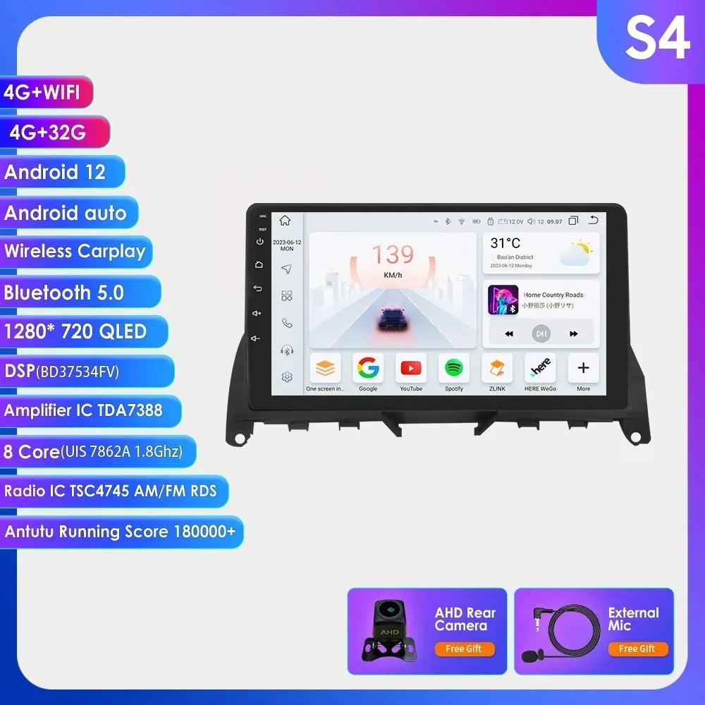 For Mercedes Benz C-Class W204 S204 2007-2010 Android 13 2 Din 9" Car Radio Multimedia Player AutoStereo AI Voice RDS DSP BT SWC
