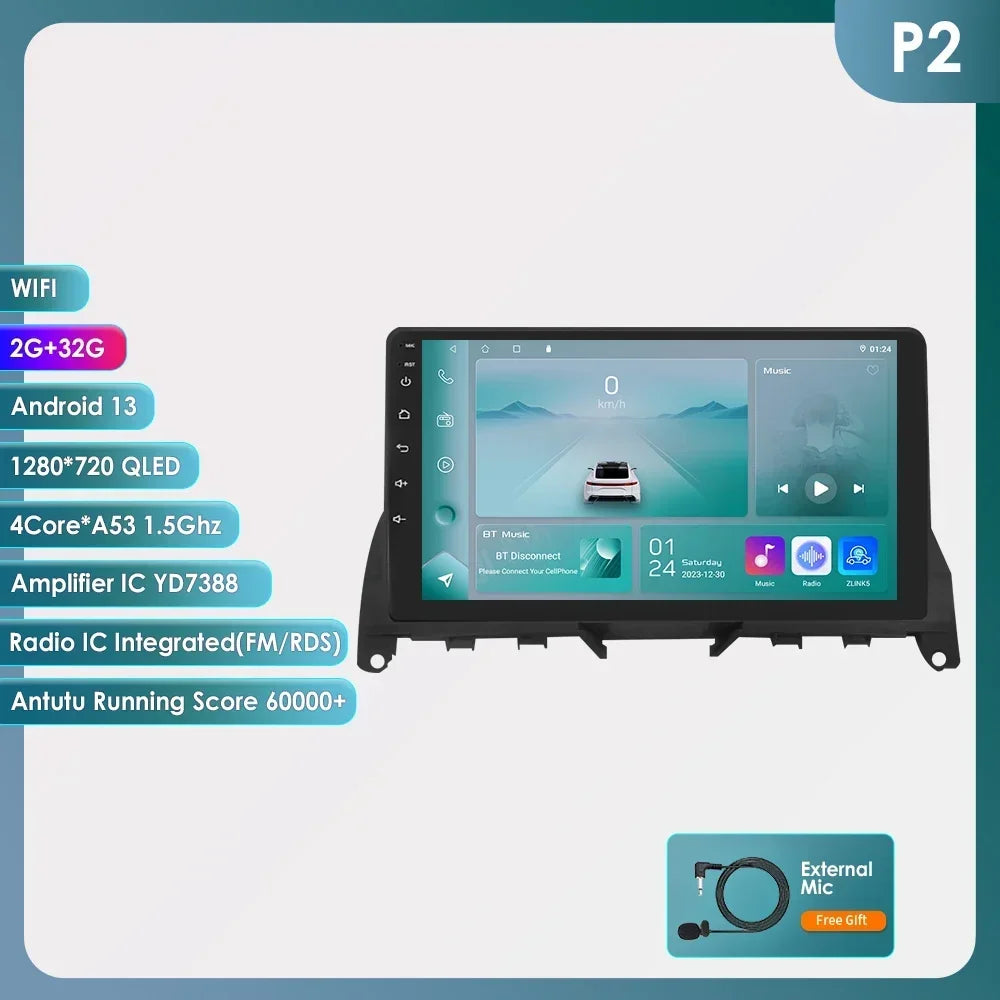 For Mercedes Benz C-Class W204 S204 2007-2010 Android 13 2 Din 9" Car Radio Multimedia Player AutoStereo AI Voice RDS DSP BT SWC