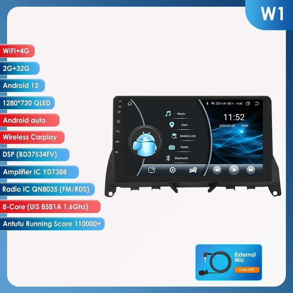 For Mercedes Benz C-Class W204 S204 2007-2010 Android 13 2 Din 9" Car Radio Multimedia Player AutoStereo AI Voice RDS DSP BT SWC