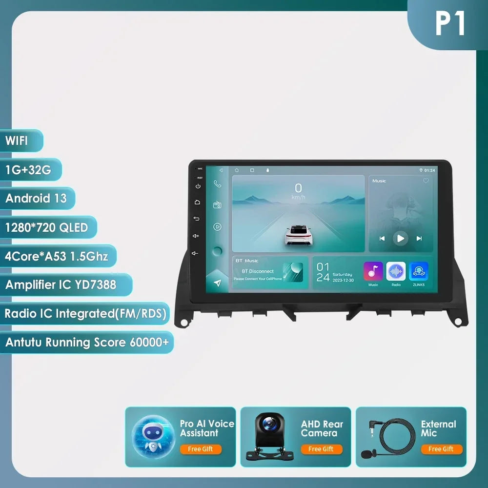 For Mercedes Benz C-Class W204 S204 2007-2010 Android 13 2 Din 9" Car Radio Multimedia Player AutoStereo AI Voice RDS DSP BT SWC