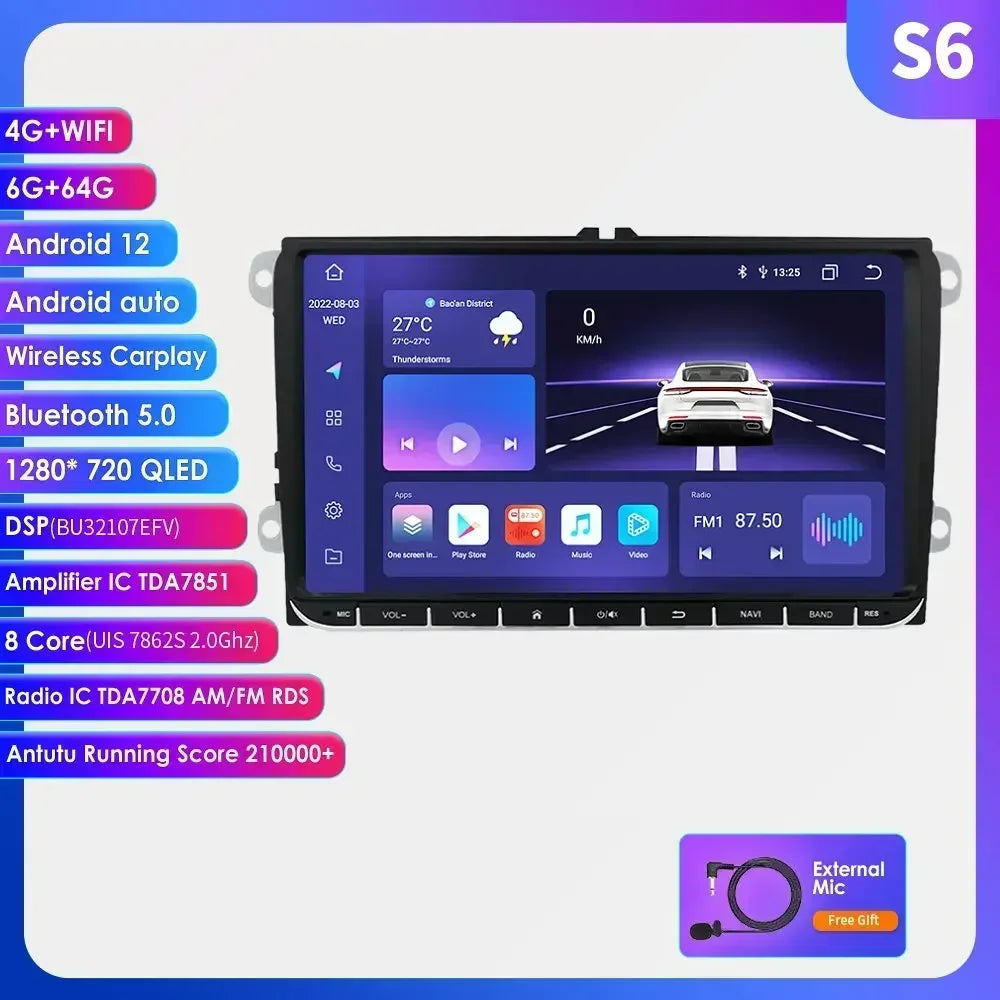 2 Din Carplay Android 14 for Volkswagen VW T5 Passat B6 Golf 6 5 Caddy Polo Touran Jetta Car Radio GPS Multimedia Player RDS BT