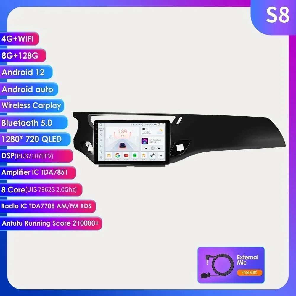 9" 2 Din Carplay Screen Android 13 Auto Radio for Citroen C3 DS3 2010 - 2016 Car Multimedia Player Navigation GPS RDS Stereo DSP