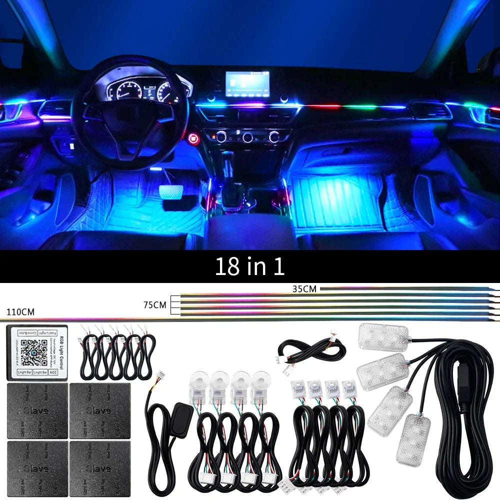 18 in 1 Led Car Ambient Lights Symphony Bluetooth App RGB 213 Color Streamer Rainbow Acrylic Strip Interior Atmosphere Lamp 12V