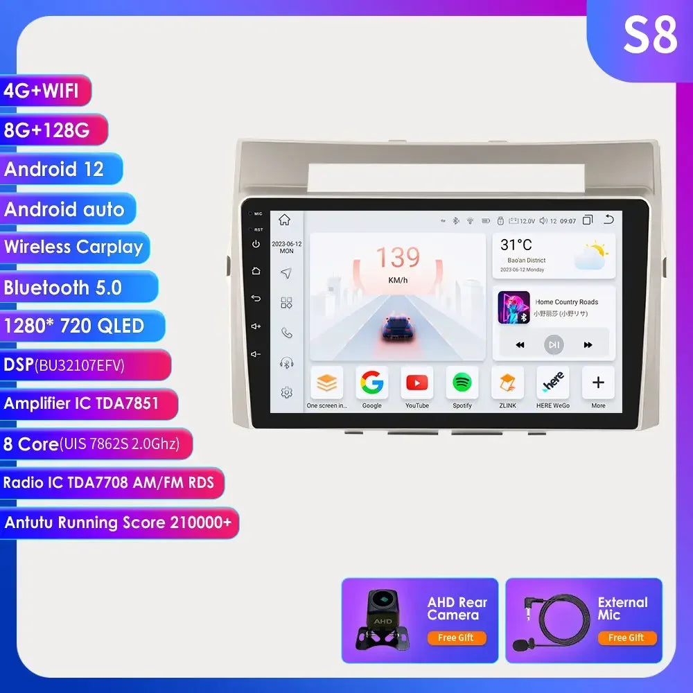 Wireless Carplay Android Auto Car Multimedia Player 9'' Touch Screen for Toyota Corolla Verso AR10 2004 2005 2006 2007 2008 2009
