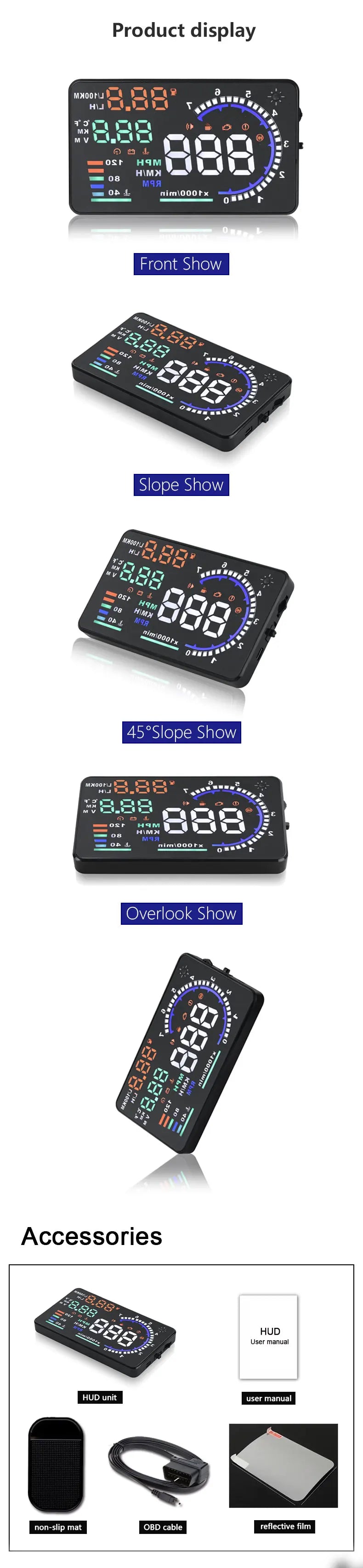 ADQ 5.5'' OBD2 HUD A8 Car Head Up Display Digital Speedometer Tachometer Windshield Speed Projector + Speed Water Temp RPM Alarm