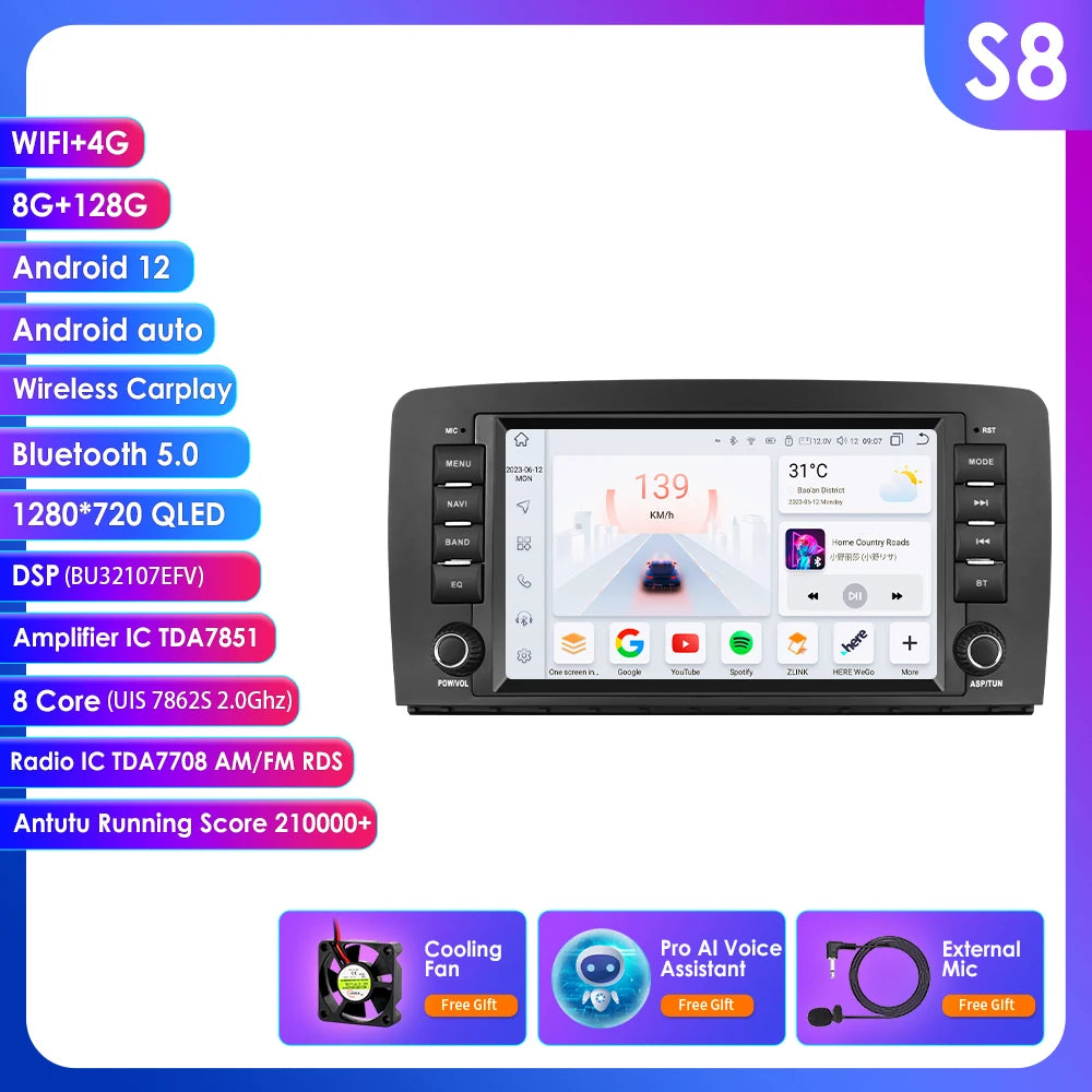8" Android 14 Car Multimedia Player Wireless Carplay Android Auto for Mercedes Benz R-Class W251 R300 R280 R320 R350 2006-2012