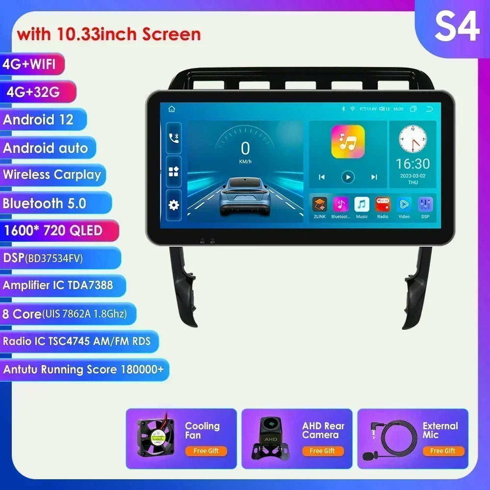 10.33" Wireless Carplay Android 13 Car Multimedia Player for Porsche Cayenne 1 2002-2010 2din Navigation GPS RDS Headunit Stereo