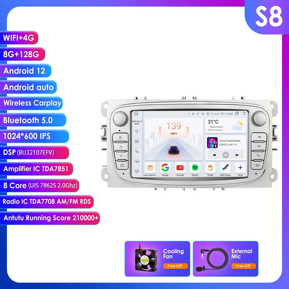 8G 128G 2 Din Carplay Android 13 for Ford Focus Mondeo Kuga C-MAX S-MAX Galaxy Car Radio Multimedia Player Audio Stereo GPS RDS