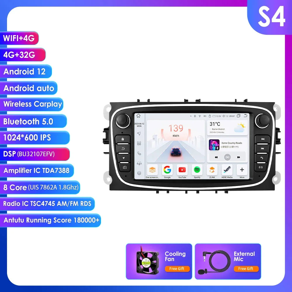 8G 128G 2 Din Carplay Android 13 for Ford Focus Mondeo Kuga C-MAX S-MAX Galaxy Car Radio Multimedia Player Audio Stereo GPS RDS