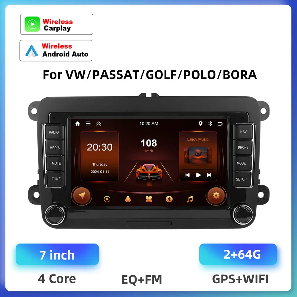 Podofo 4+64G 4Core Car Radio For VW/PASSAT/TOURAN/CADDY/BEETLE 2Din Car Stereo GPS Navigation Carplay Android Auto Car Audio