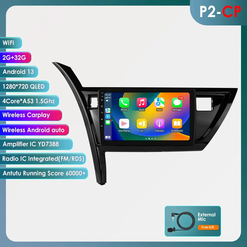 10.1" Android 14 Radio Car Multimedia 2 Din Wireless Carplay Android Auto for Toyota Corolla Auris 2013-2016 (Left Hand Driving)